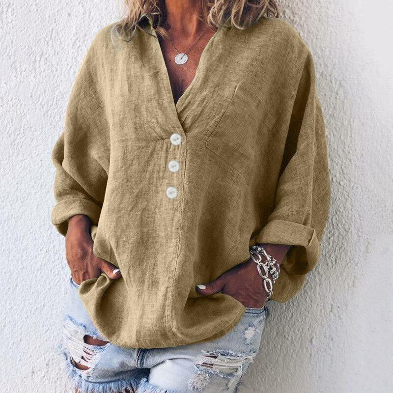 Lightweight women's linen blouse with button placket and V-neck – Elodie-Khaki-S-Nora Luxe