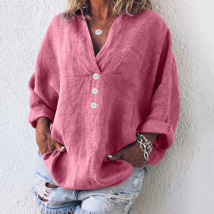 Lightweight women's linen blouse with button placket and V-neck – Elodie-Pink-S-Nora Luxe