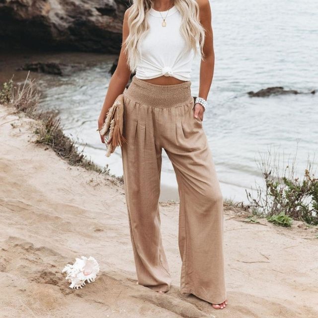 Lightweight women's linen trousers with wide leg – Liv-Beige-S-The Livary
