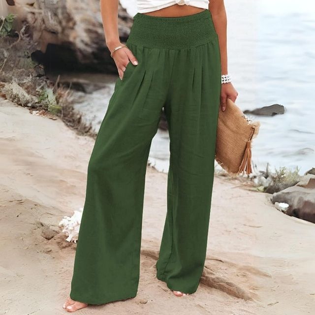 Lightweight women's linen trousers with wide leg – Liv-Green-S-The Livary