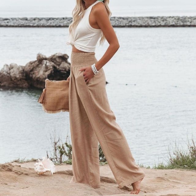 Lightweight women's linen trousers with wide leg – Liv-White-S-The Livary