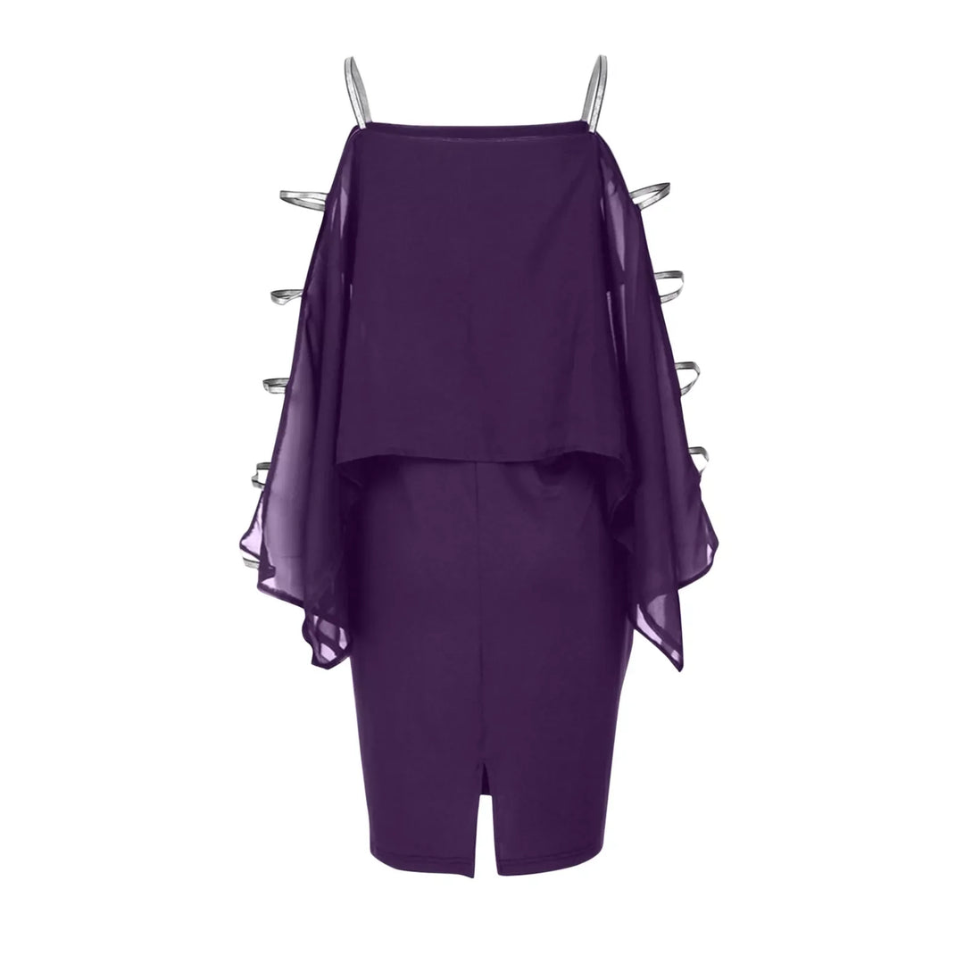 Lila Cocktailkleid mit transparenten Ärmeln, elegantes Design, Abendmode für Damen.