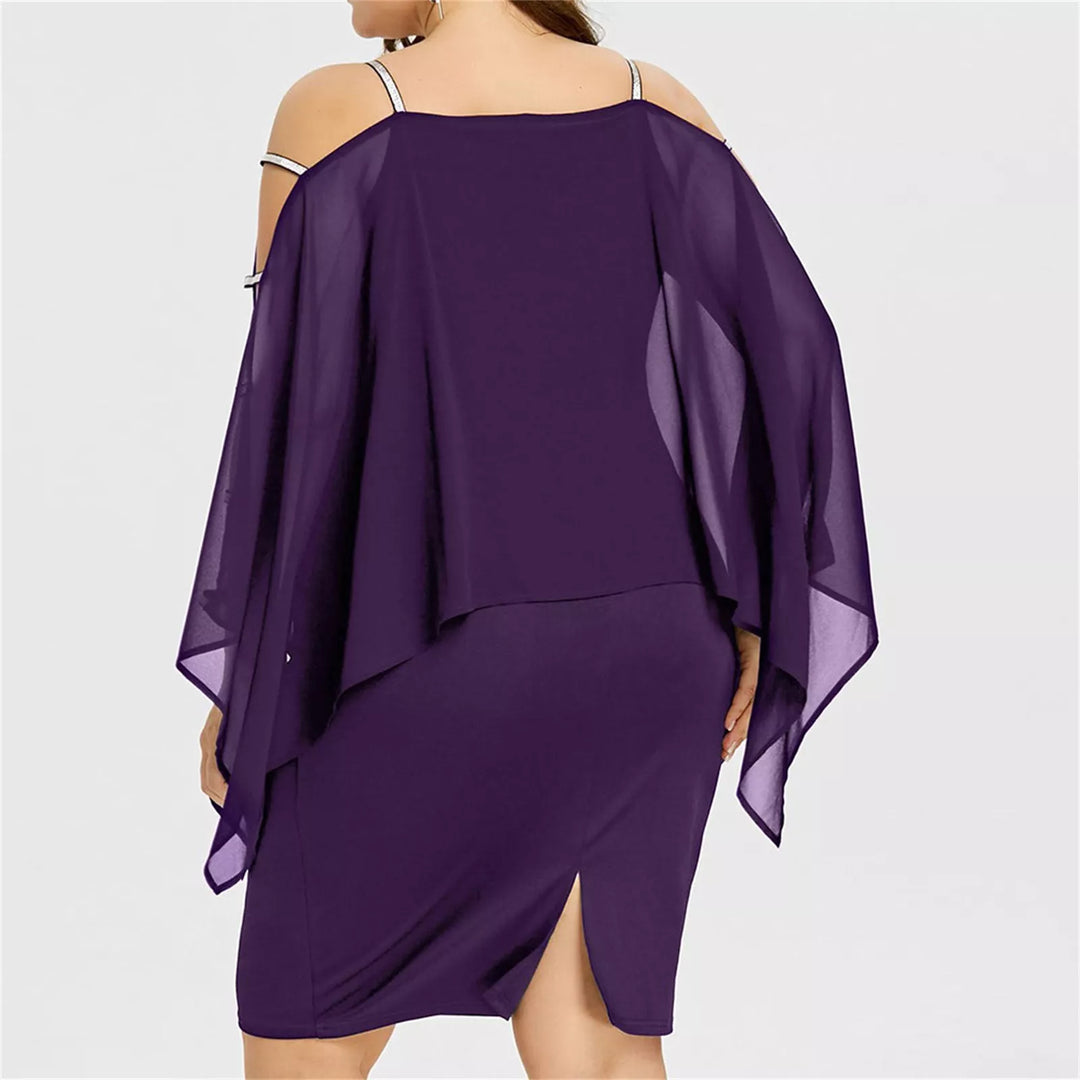 Lila Damenkleid mit transparenten Ärmeln, knielang, elegantes Design, Abendmode.