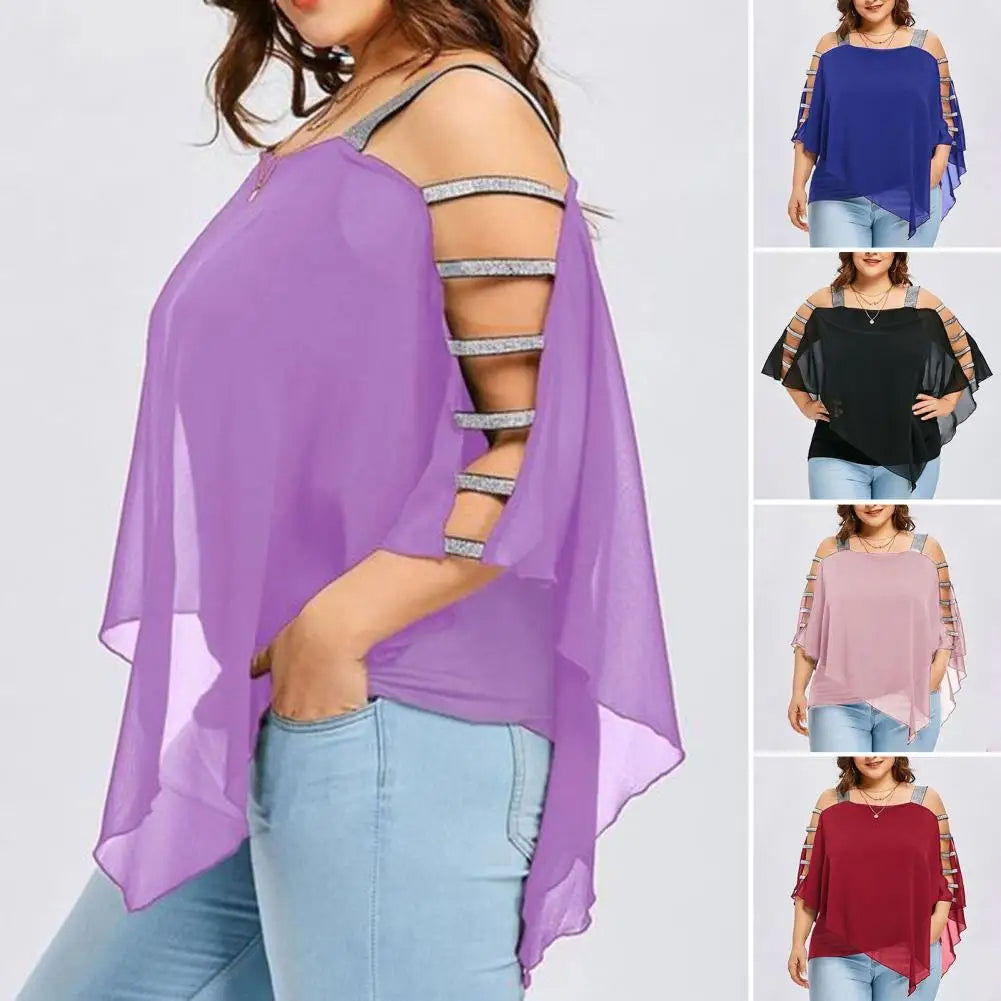 Damen Chiffon Bluse, schulterfrei, lila, mit Strass, modisch, elegant, Freizeitkleidung.