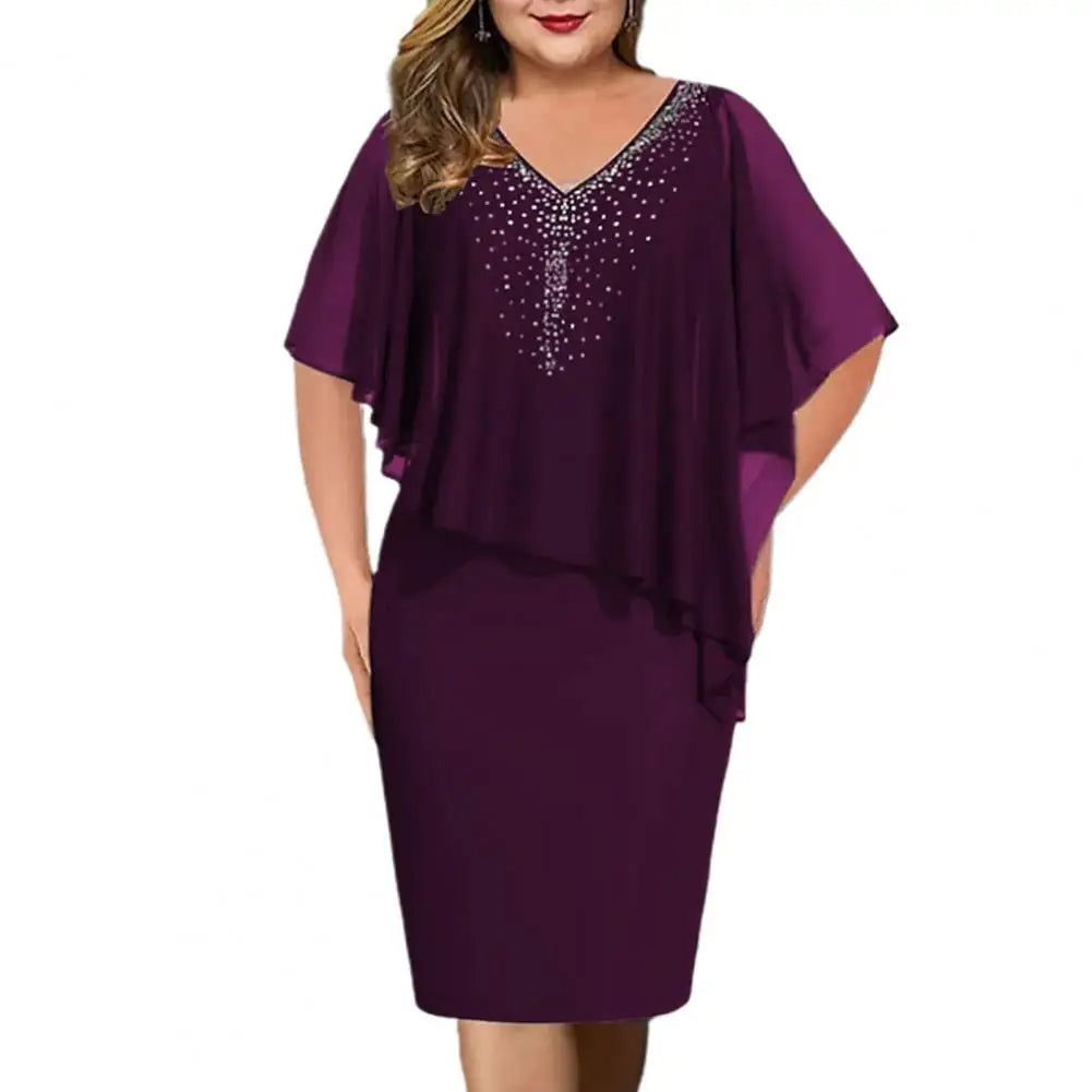 Damenkleid lila mit Pailletten, V-Ausschnitt, knielang, elegantes Abendkleid, festlich.