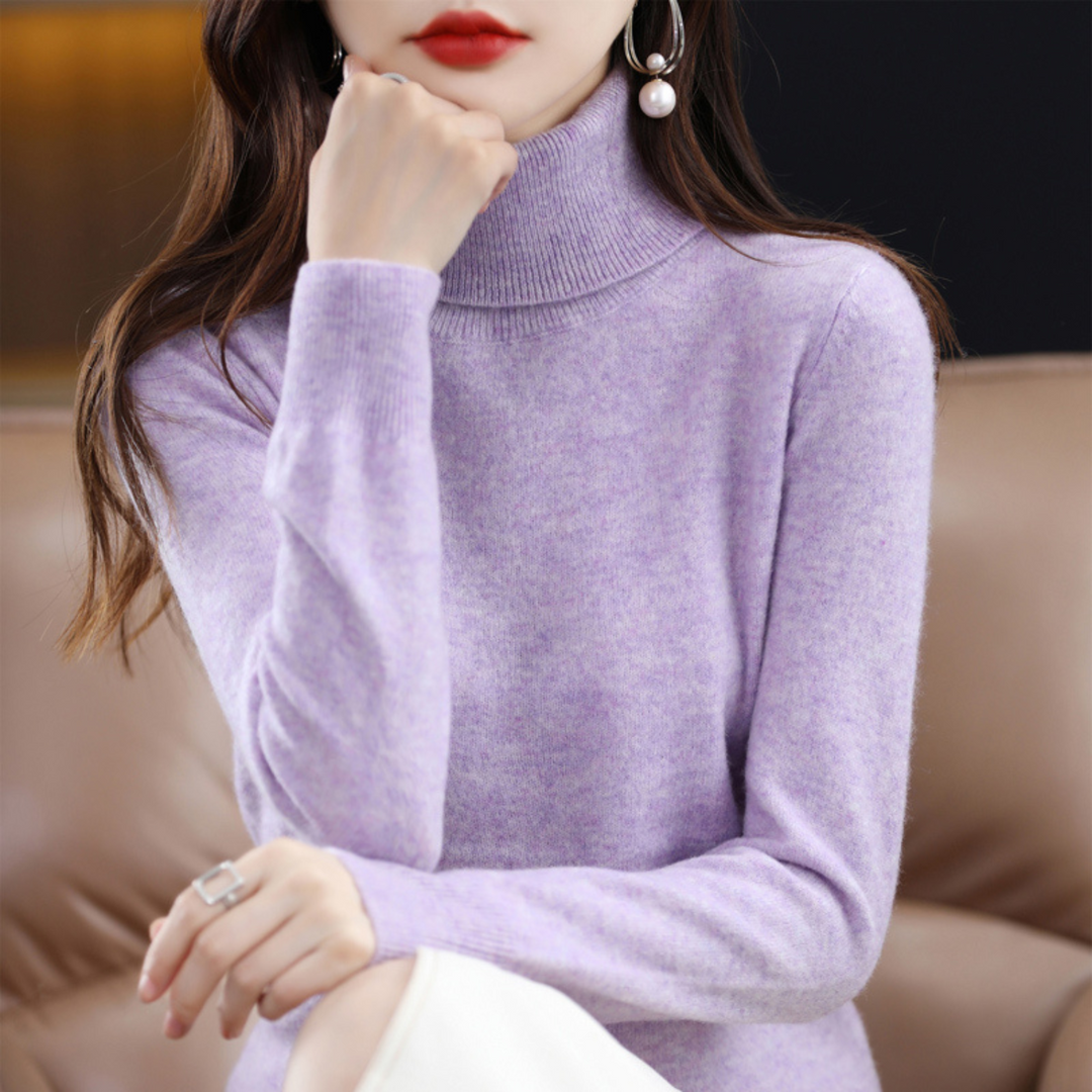 Heathered lavender turtleneck sweater another view.