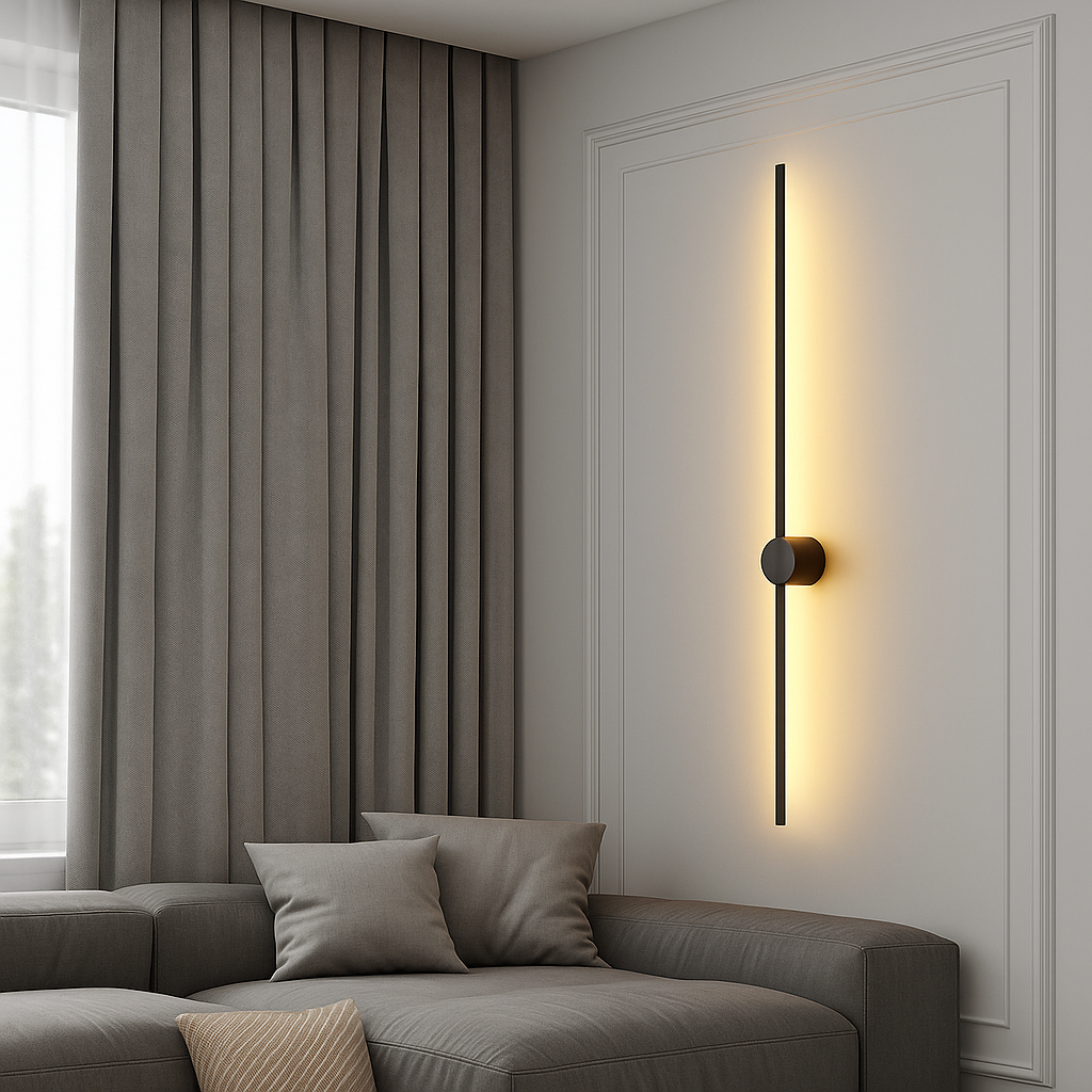 Black linear wall light detail with a round cylinder mount and warm glow.