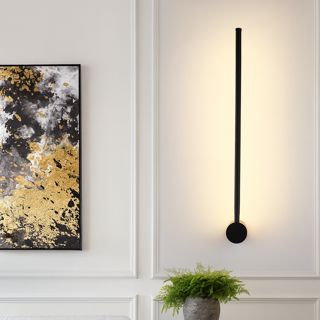Black linear wall light detail with a round disc base at the bottom.
