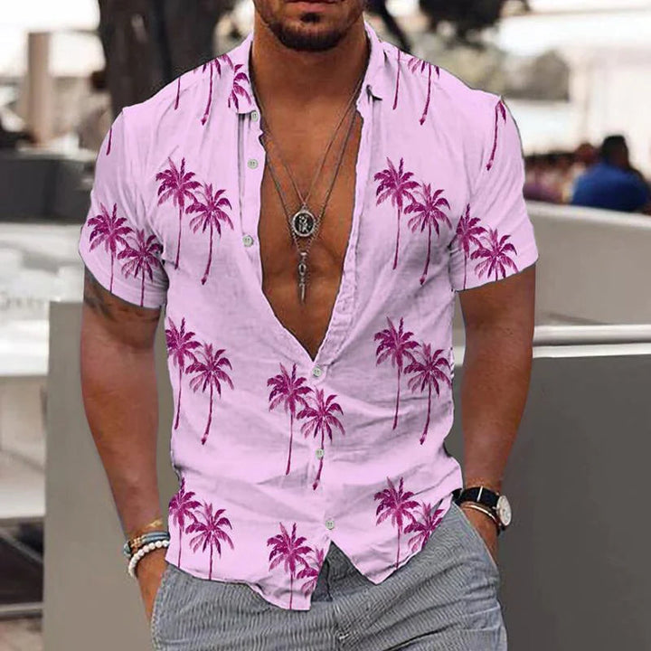 Linen Men's Shirt with Short Sleeves – Matteo-Pink-S-The Livary