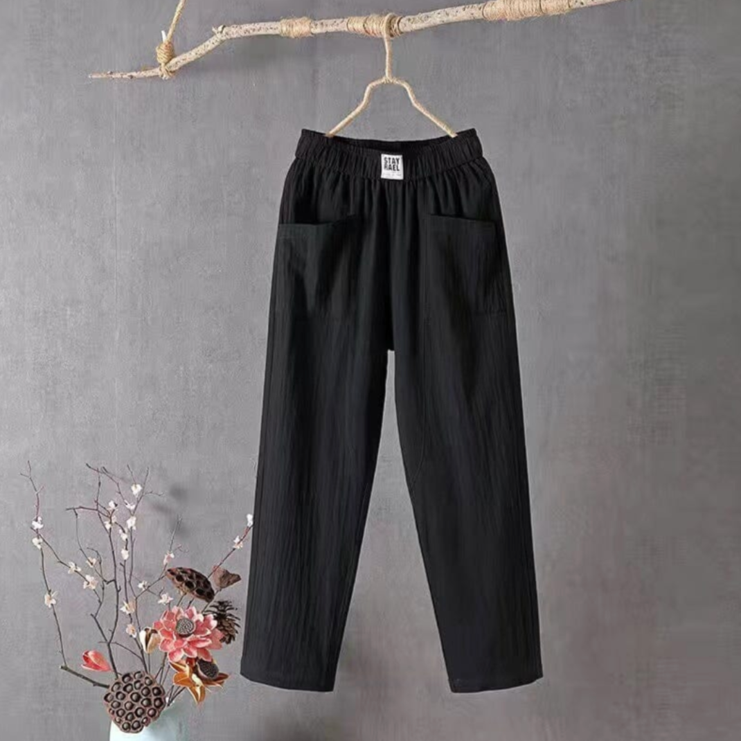 Linen Trousers with Elastic Waist - Livia-Black-S-Nora Luxe