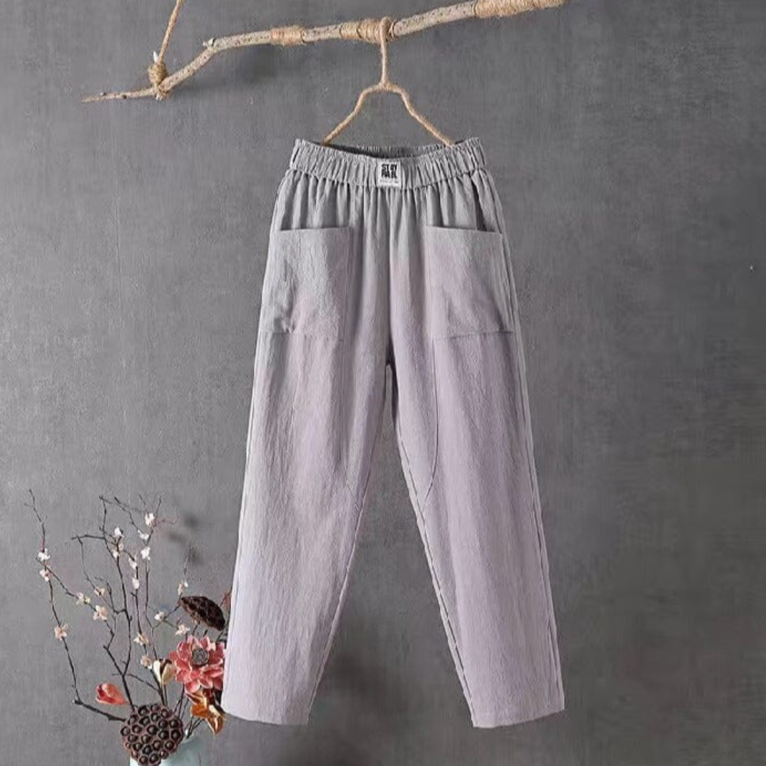 Linen Trousers with Elastic Waist - Livia-Gray-S-Nora Luxe