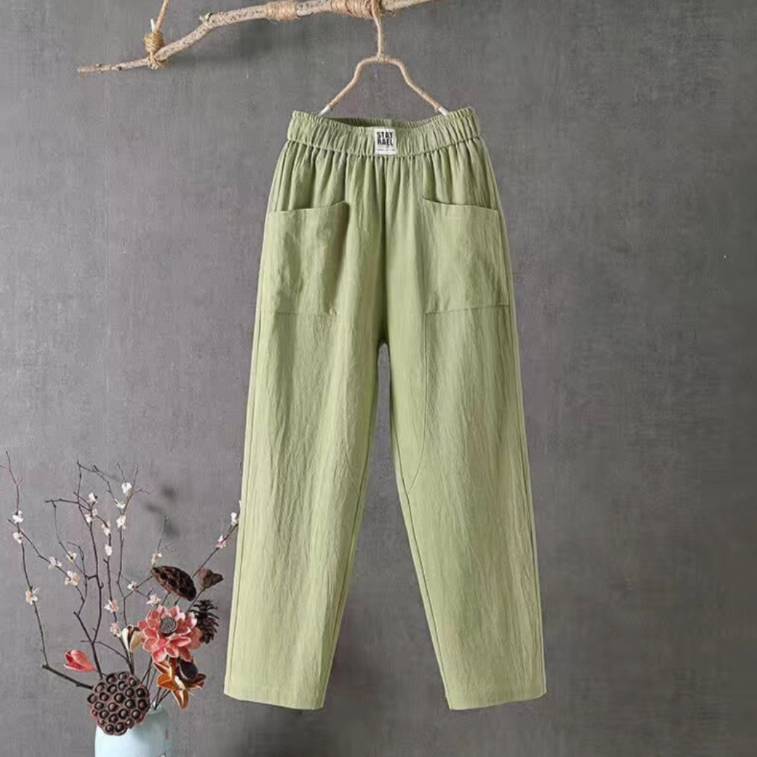 Linen Trousers with Elastic Waist - Livia-Green-S-Nora Luxe