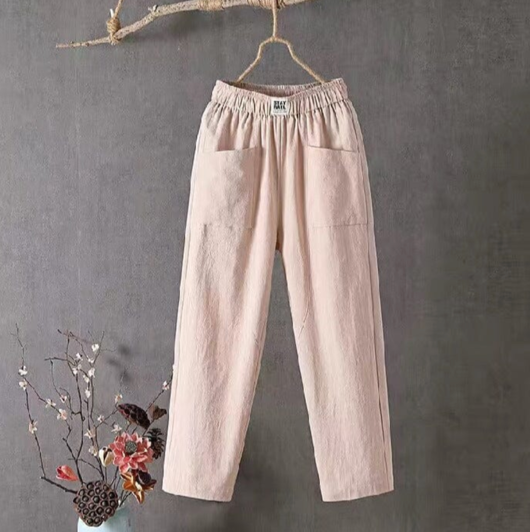 Linen Trousers with Elastic Waist - Livia-Pink-S-Nora Luxe
