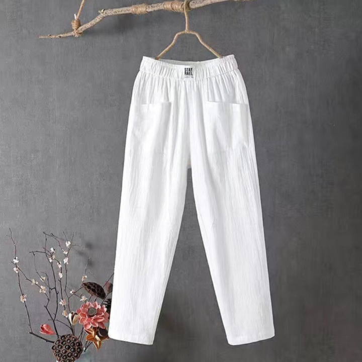 Linen Trousers with Elastic Waist - Livia-White-S-Nora Luxe