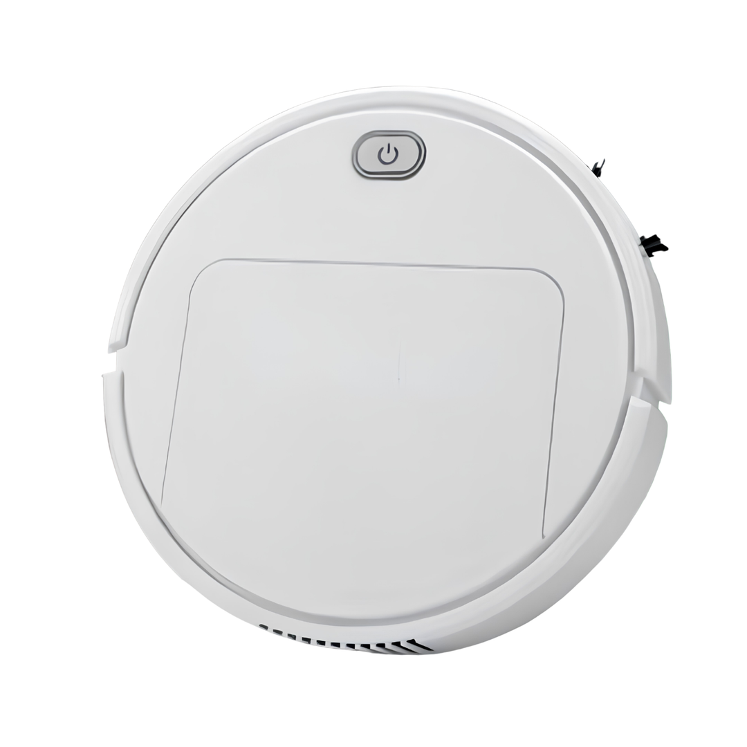 Top view of a white round robot vacuum with a power button and a flat lid 1