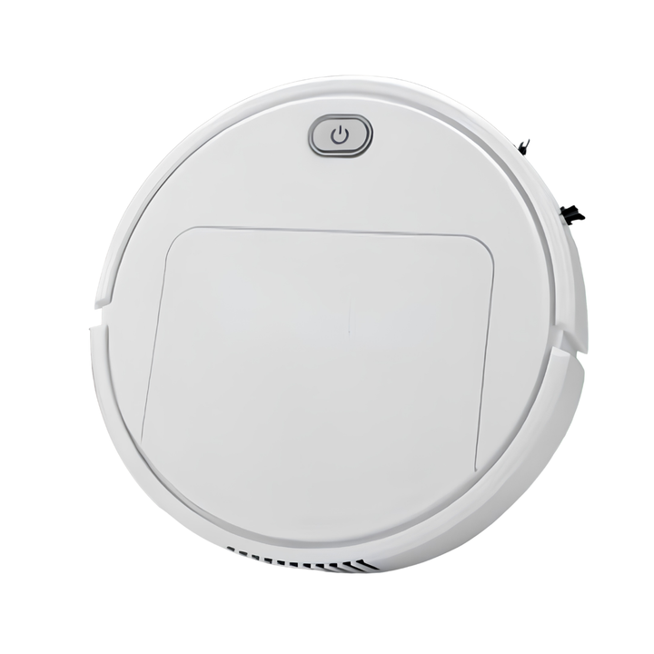 Top view of a white round robot vacuum with a power button and a flat lid 1