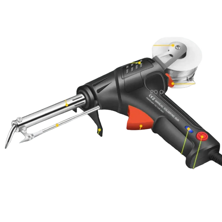 Black laser welding tool with orange trigger, spool of solder wire on top, metal tip and feed tube, and labeled callout dots.