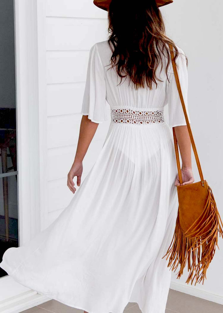 Long Beach Dress with Lace Detail and Bow Closure – Elara-White-XS-State of Style