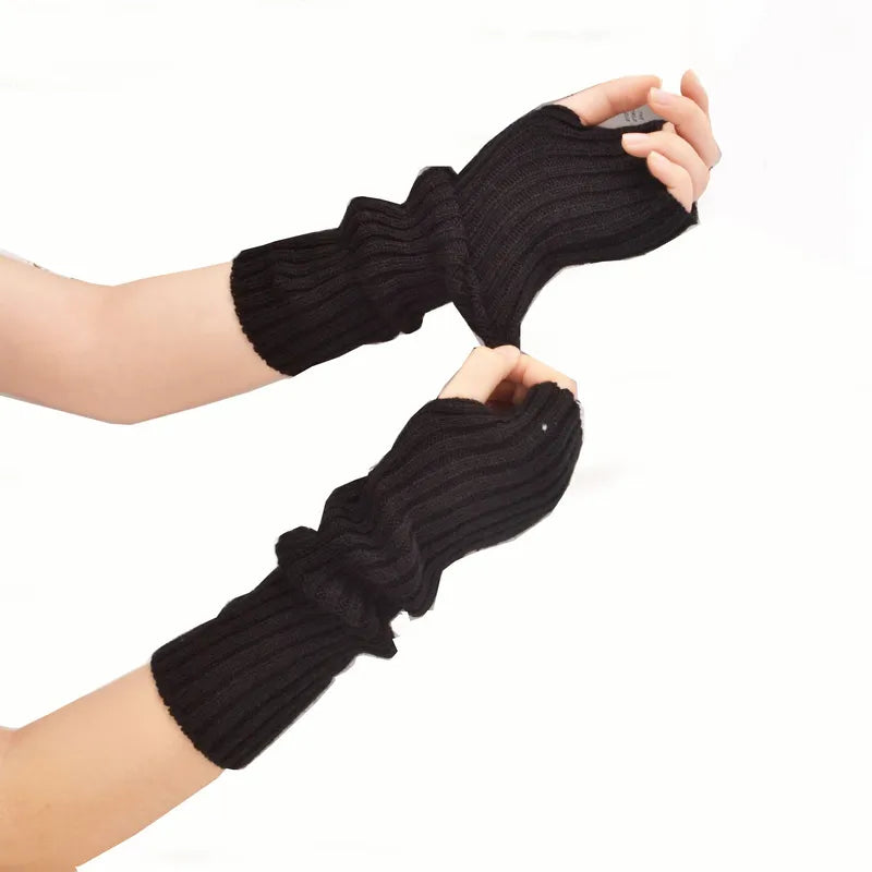Long Fingerless Knitted Gloves - FlexiWarm-Black-1-Nora Luxe