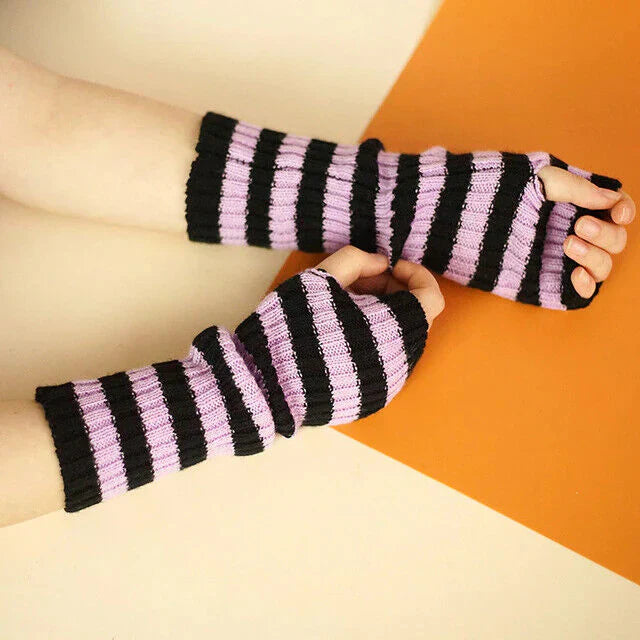 Long Fingerless Knitted Gloves - FlexiWarm-Black and White-1-Nora Luxe