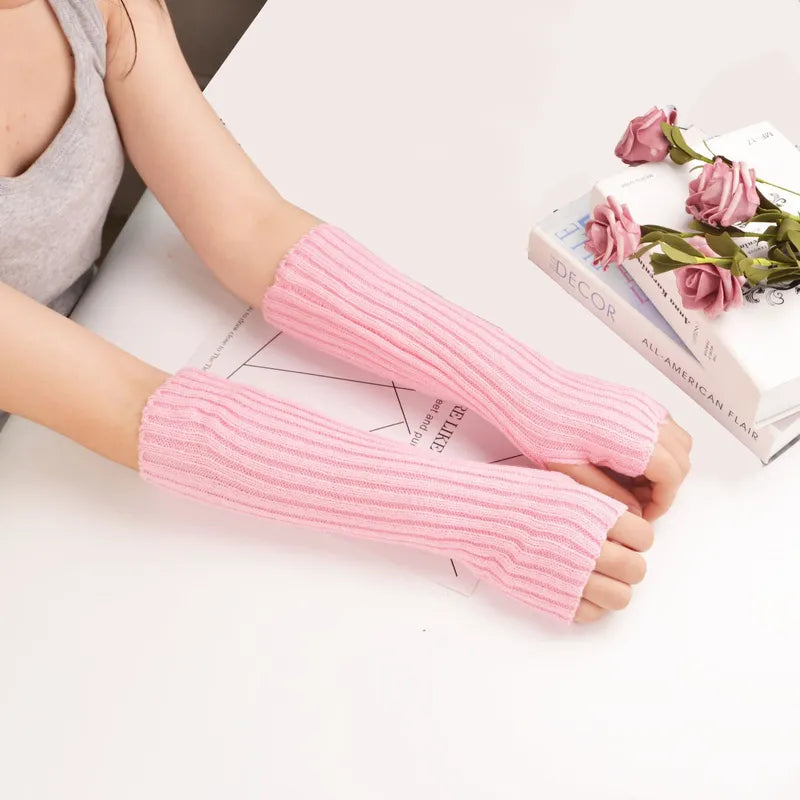 Long Fingerless Knitted Gloves - FlexiWarm-Pink-1-Nora Luxe