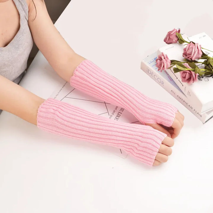 Long Fingerless Knitted Gloves - FlexiWarm-Pink-1-Nora Luxe