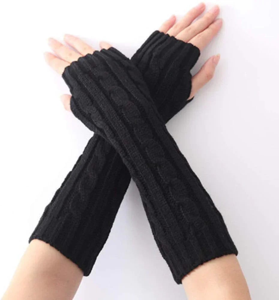 Long Fingerless Knitted Gloves - FlexiWarm-Twist Brown-1-Nora Luxe