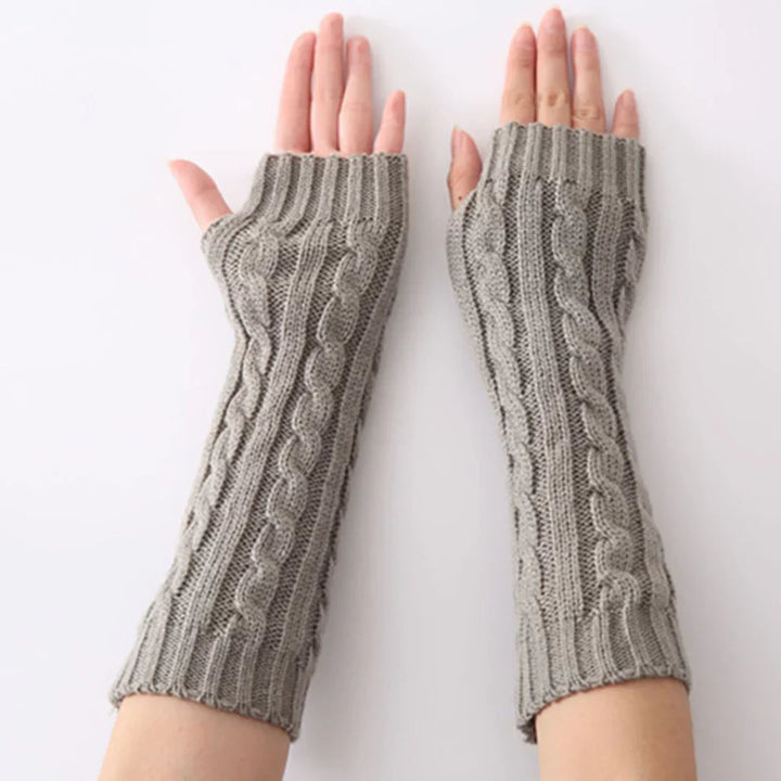 Long Fingerless Knitted Gloves - FlexiWarm-Twist Gray-1-Nora Luxe
