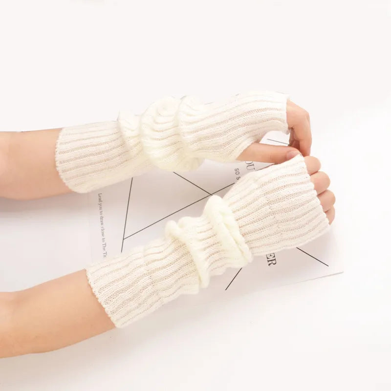Long Fingerless Knitted Gloves - FlexiWarm-White-1-Nora Luxe