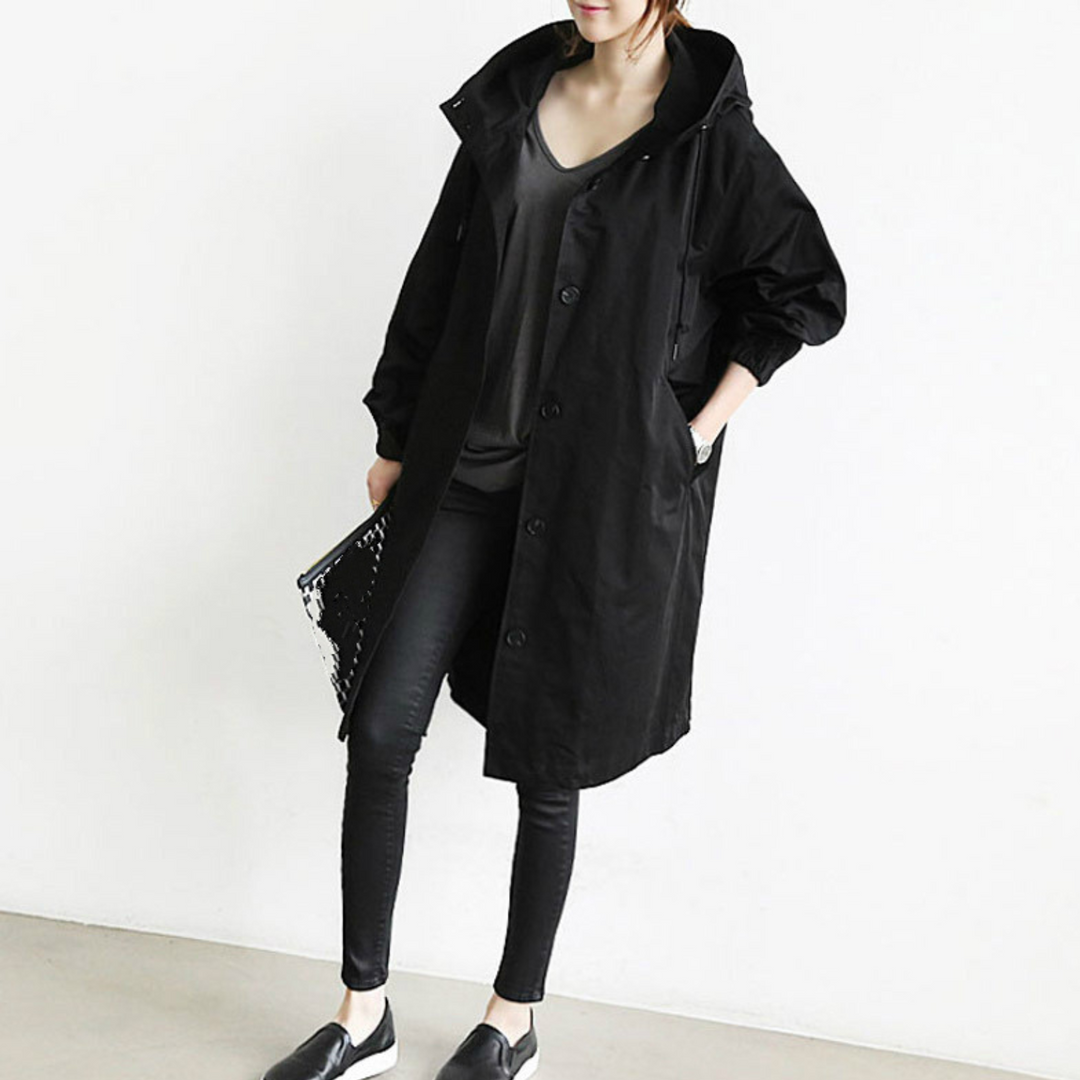 Long Ladies Trench Coat with Hood - Isabelle-Black-S-Nora Luxe