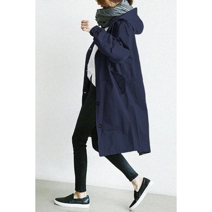 Long Ladies Trench Coat with Hood - Isabelle-Dark Blue-S-Nora Luxe