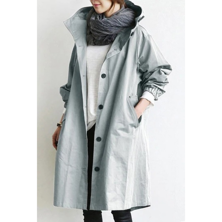 Long Ladies Trench Coat with Hood - Isabelle-Light Gray-S-Nora Luxe