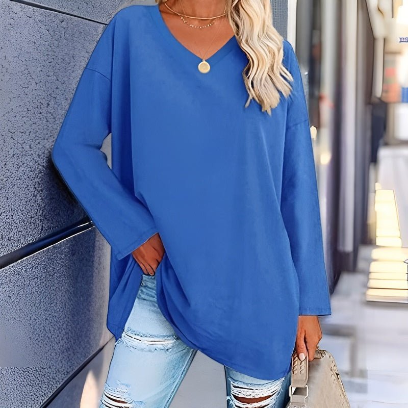 Long Sleeve Women's Sweater with V-Neck - Lucinda-Blue-S-Nora Luxe