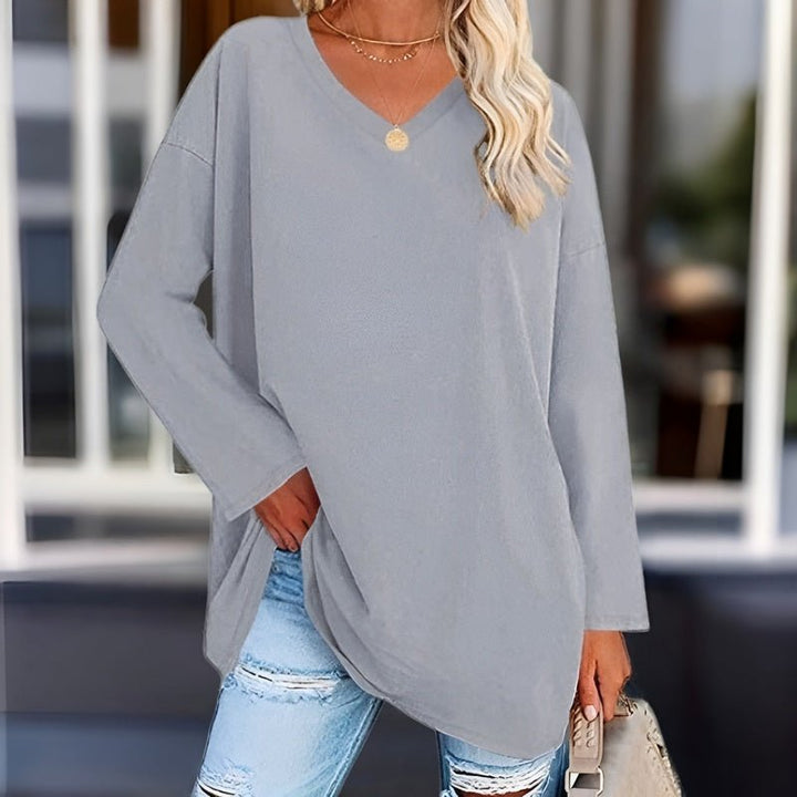 Long Sleeve Women's Sweater with V-Neck - Lucinda-Gray-S-Nora Luxe