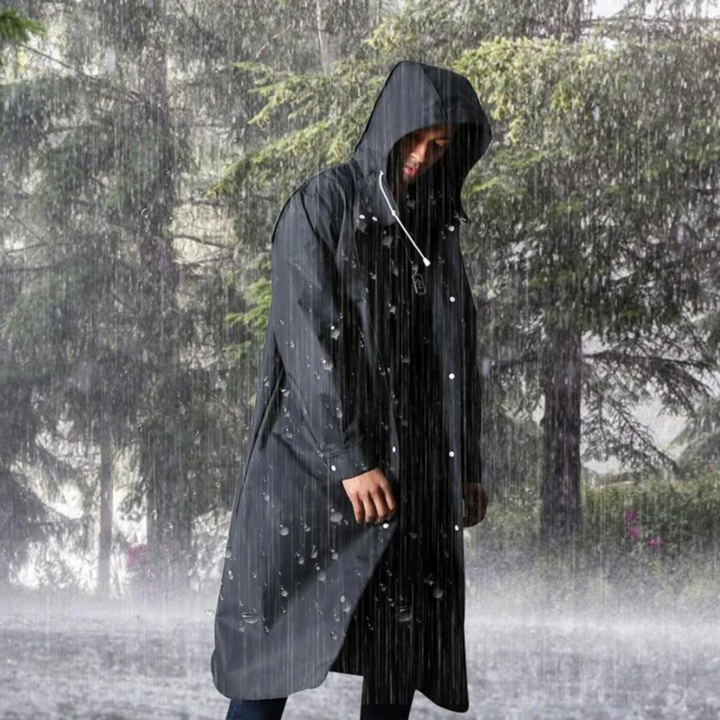 Long Waterproof Men's Rain Jacket with Hood - Titan-Black-L-Nora Luxe