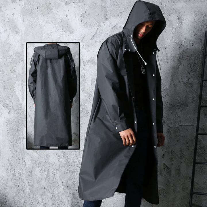 Long Waterproof Men's Rain Jacket with Hood - Titan-Black-L-Nora Luxe