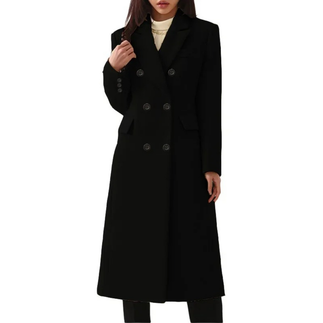 Long Wool Women's Coat with Double Collar - Elise-Black-S-Nora Luxe