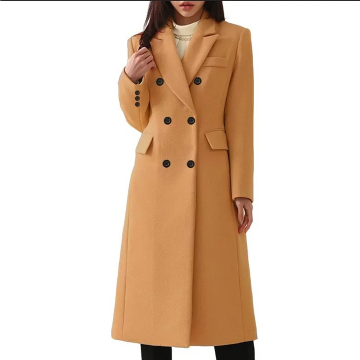 Long Wool Women's Coat with Double Collar - Elise-Brown-S-Nora Luxe