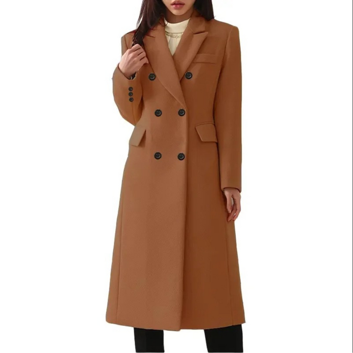 Long Wool Women's Coat with Double Collar - Elise-Dark Brown-S-Nora Luxe