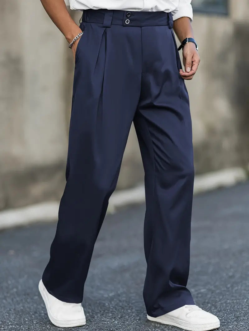 Loose-fitting trousers with pleats – Matteo-Dark blue-S-Nora Luxe