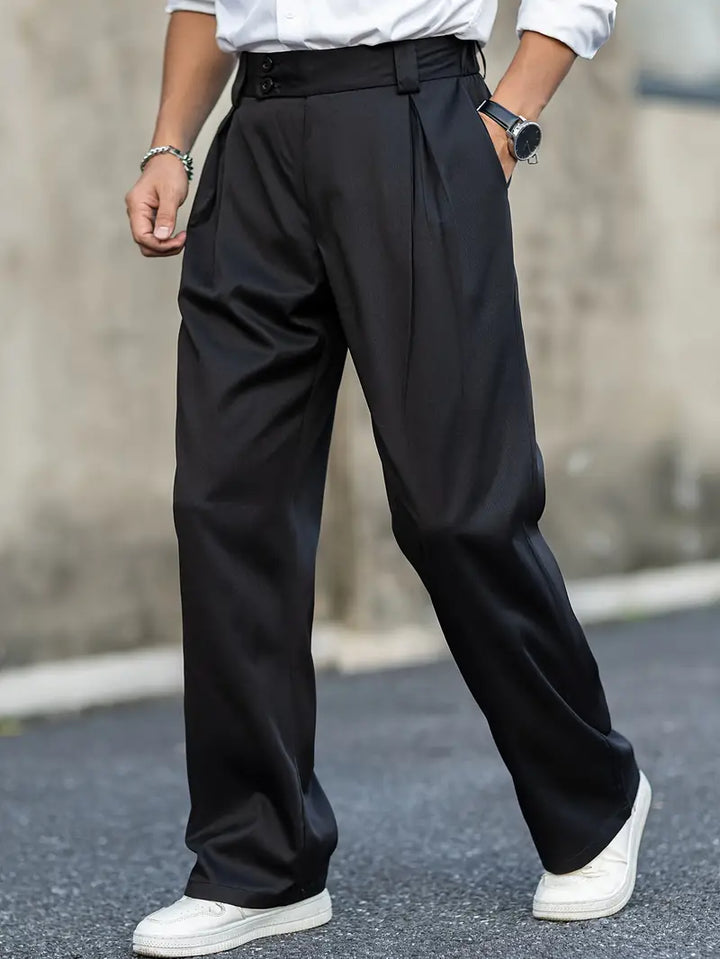 Loose-fitting trousers with pleats – Matteo-Dark blue-S-Nora Luxe