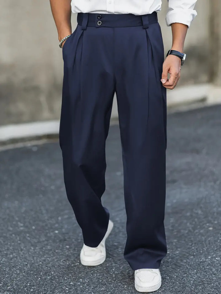 Loose-fitting trousers with pleats – Matteo-Dark blue-S-Nora Luxe