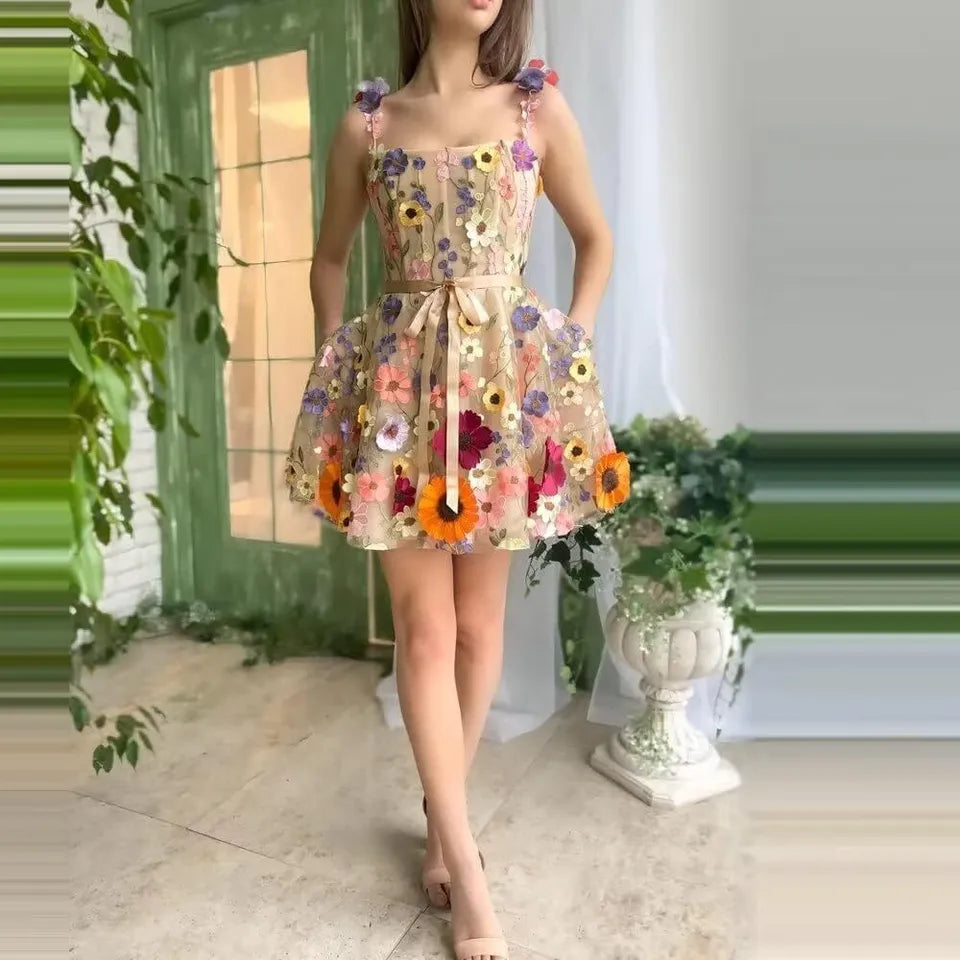 Lovely Dress with Floral Embroidery and Straps - Lilac-Apricot-XS-Nora Luxe