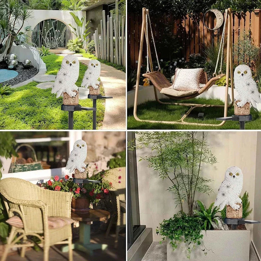 Four-panel collage of white owl lights displayed in a garden path, near a swing chair, on a patio and in a planter.