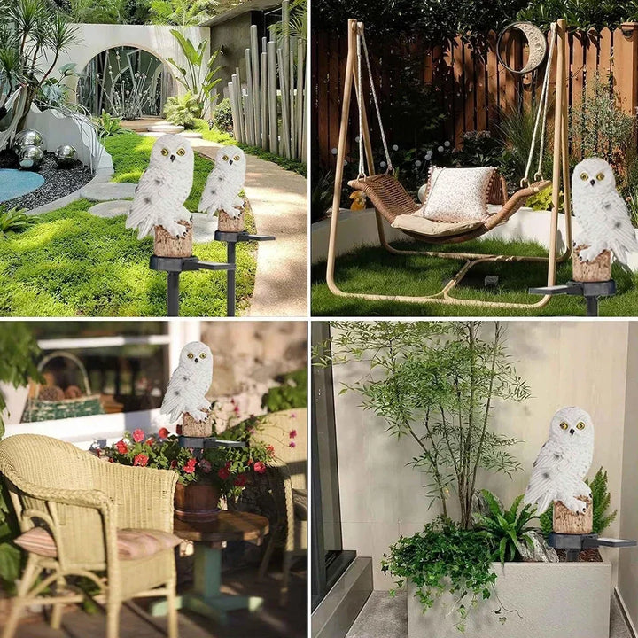 Four-panel collage of white owl lights displayed in a garden path, near a swing chair, on a patio and in a planter.