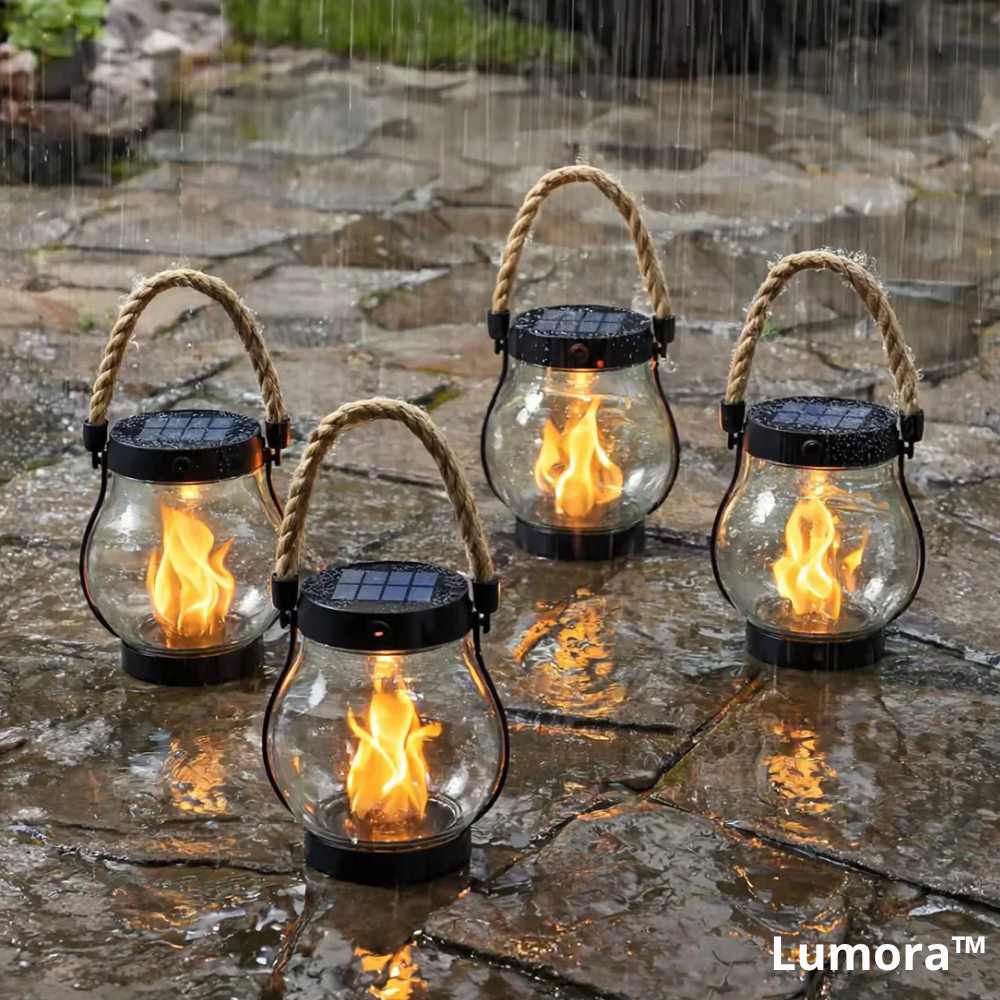 Solar lanterns with a flame glow shown on wet stone paving in the rain.