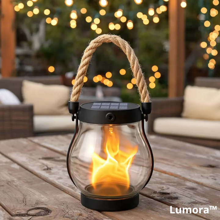Solar lantern with a rope handle and solar top on a rustic wooden table with string lights behind.