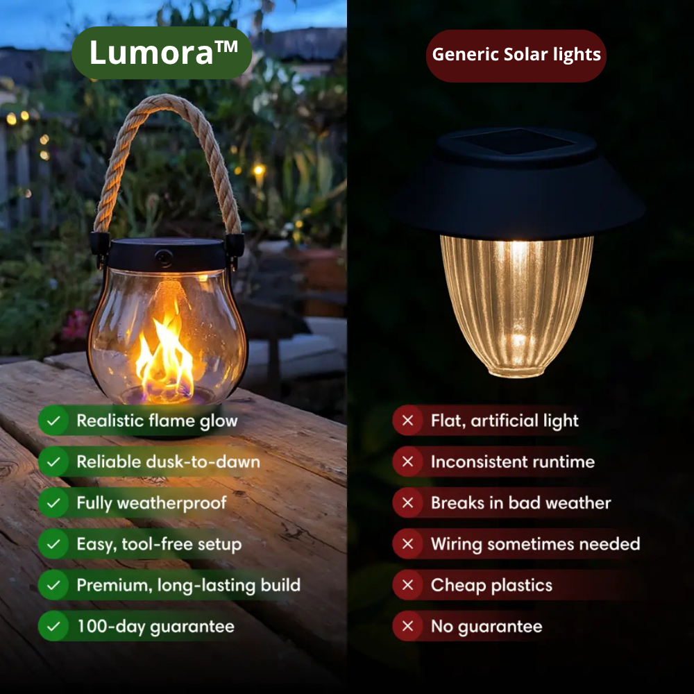 Solar lantern with a flame effect in another view beside a plain ribbed solar light on a wooden table.