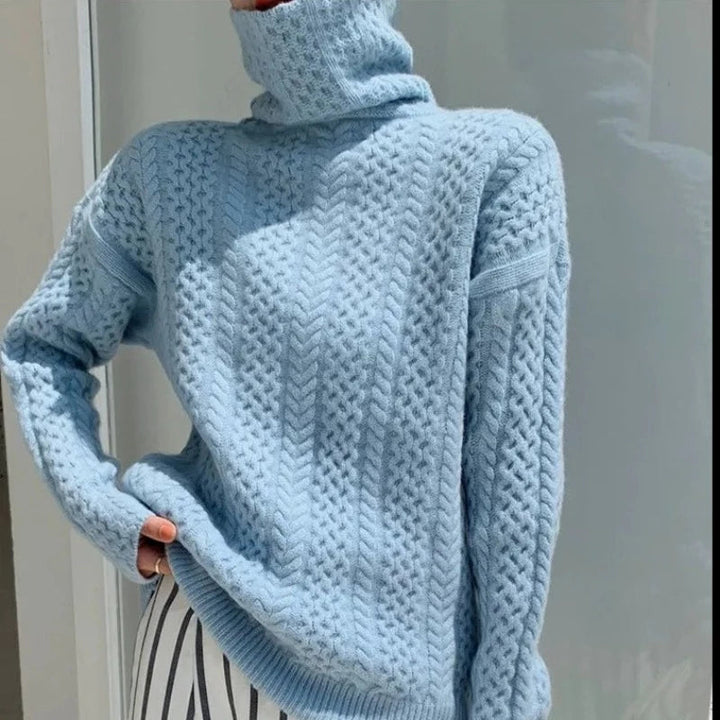 Luxury Cashmere Turtleneck with Checkered Pattern - Celeste-Blue-XS-Nora Luxe