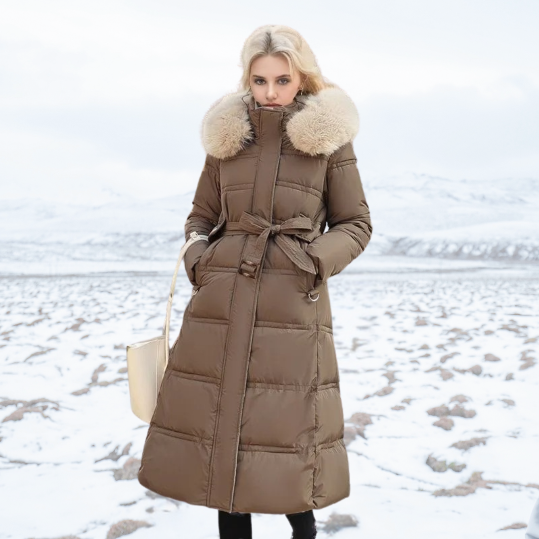 Luxury Faux Fur Winter Coat for Women - Amara-Brown with beige collar-S-Nora Luxe